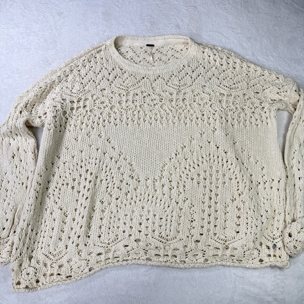 Free People Womens Ivory Open-Knit Crochet Crewneck Pullover Sweater L Boho